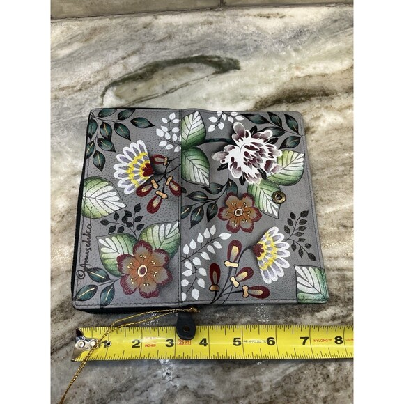Anuschka Women's Hand Painted Wallet Floral Design Gray Green Leaves - Picture 8 of 11